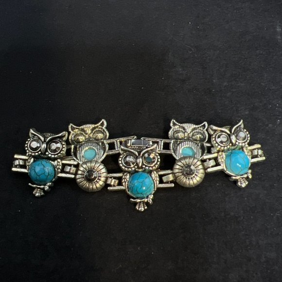 Vintage Silver Tone Faux Turquois Owl Bracelet (4025) - Picture 1 of 8